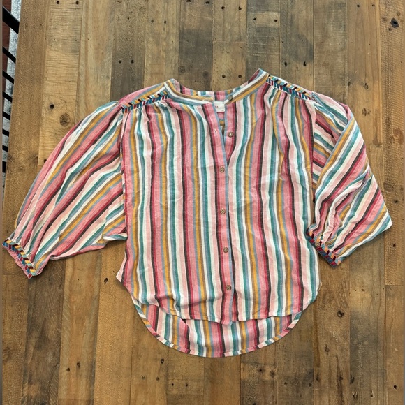 Xirena Charley Puff Sleeve Rainbow Striped Peasant Top Boho Festival Embroidered - Picture 2 of 5